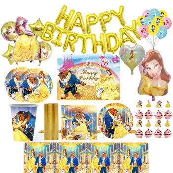 Disney Princesa Belle Lepota In Zver Temo Stranki Za Enkratno Uporabo Posode Za Papir Pokal Ploščo Prtom Birthday Balon Banner Dekor