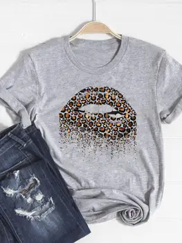 Tee Osnovne Obleka Ženske Obleke Print Majica s kratkimi rokavi Leopard Trend Ustnice Sladke Trend Poletje Top Moda Kratek Rokav Graphic T-shirt