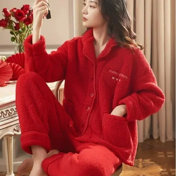 V 2023 Novo Koralni Žamet Pižamo Dame Pozimi Plus Žamet Odebeljena Rdeča Flanela Zimo Domov Oblačila Modni Prijetno Mehka Obleka