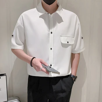 2023 Fine Moda za Moške Priložnostne korejska Različica Vse Barva Britanski Stil Občutek Ledu Svile Mid-rokav Slim Majica