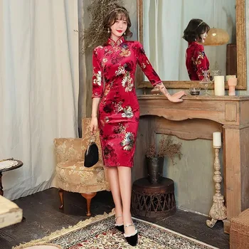 2023 Jeseni, Pozimi Cheongsam Stojalo Ovratnik Moda Žametno Obleko Kitajske Tradicionalne Obleke Qipao