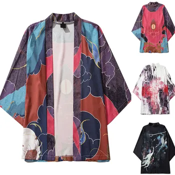 2023 Moških Priložnostne Svoboden Kimono Odpri Prednji 3/4 Rokav Kimono Japonski Slog Tiskanja Prikriti Kimono Jopico Moških Oblačil Srajca