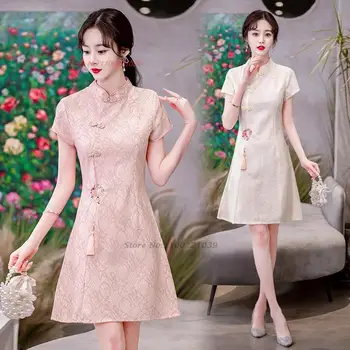 2024 kitajski izboljšano qipao obleko eleganten čipke cheongsam nacionalni cvet jacquardske a-line qipao retro banket večerno obleko qipao