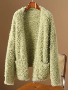 500+Evropska high-end imitacije mink žamet pleteno jopico za ženske jeseni in pozimi leni slog ohlapen pulover, jakna