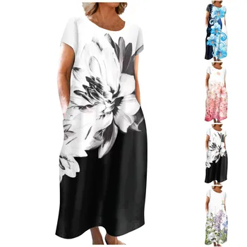 Elegantne Dolge Obleke Za Ženske 2023 Poletje Krog Vratu Priložnostne Moda Cvet Natisnjeni Kratek Rokav Obleka Vestidos Par Mujer