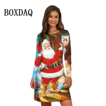 Elegantnimi Gospe Božič Obleko 3D Božiček Tiskanja Obleko Zimske Ženske Dolg Rokav Priložnostne Božično zabavo, Obleke Nove Preobsežne