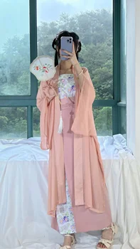 Kitajski Hanfu Obleko 3PCS Nastavite Roza Modra Teče Maxi Obleko Kitajski Starih Žensk Vezenje Kostum Obleko Za Fotografiranje Diplomi