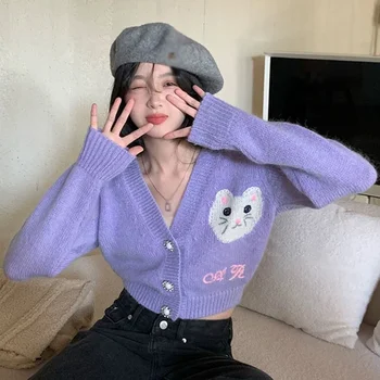 Male dišeče ženski pulover Proti-vrat korejska različica mačka vezenje prosti čas sweet modni temperament vijolično kratko jopico