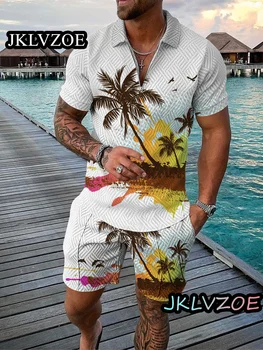 Novo Hawaiian vacation slog poletje moška polo majica, kratke hlače komplet 3D tiskanih nižje ovratnikom, zadrgo ulica dva kosa plažo