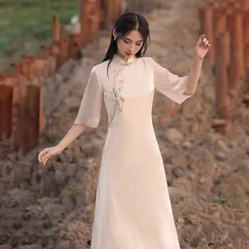 Poletje Dolg Kitajski Slog Cheongsam Obleka Ženske Modni Sodobne Qipao Nacionalni Tradicionalnih Elegantno Orientale Dekle Vestido