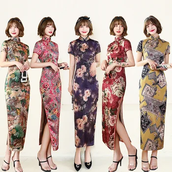 Vintage Kitajski Dolgo Cheongsam Žensk Saten Qipao Cvetlični Kratek Rokav Split Seksi Stranka Obleko Mujer Vestidos