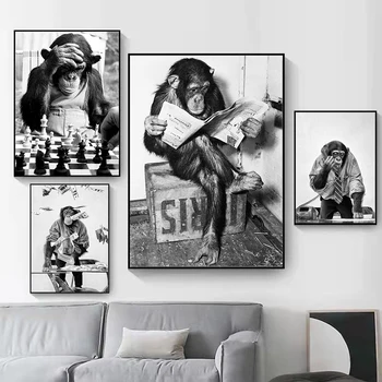 Črno Bela Opica Branje Časopisa Poster Tiskanje Smešno Živali, Platno Stensko Slikarstvo v slikah za Wc, Spalnica Doma Dekor